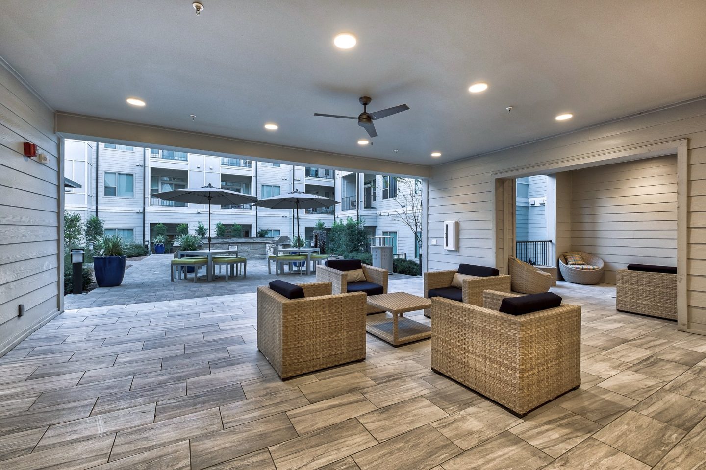 Covered outdoor lounge area at Windsor Burnet, 78758, TX