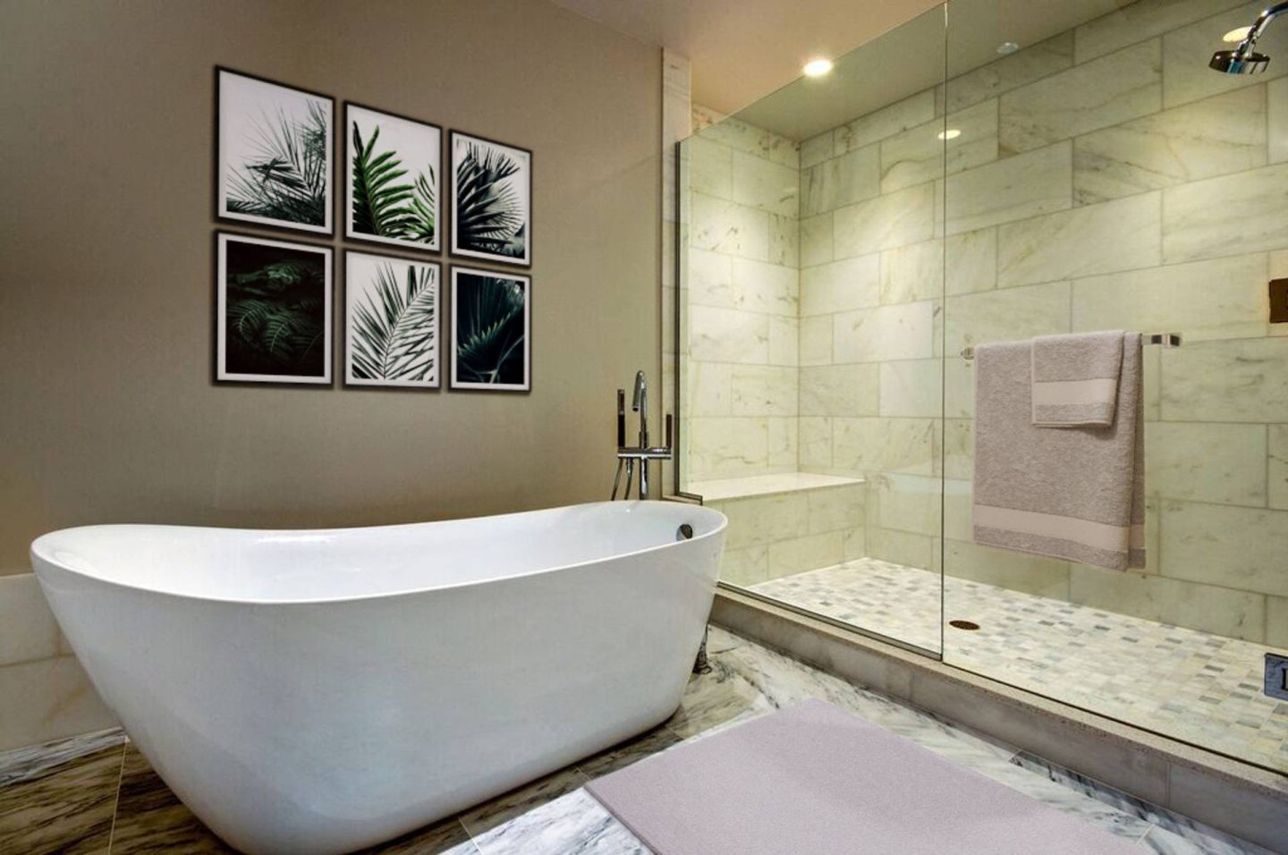 A soaking tub and shower at The Bravern, Bellevue, Washington