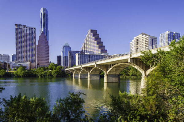 Austin Texas skyline and Congress Avenue Bridge over Ladybird Lake