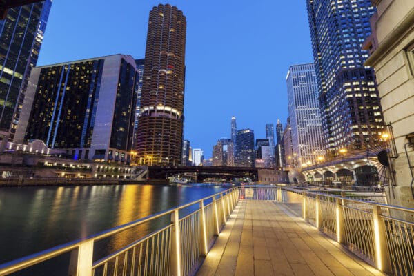 Riverwalk in Chicago at night
