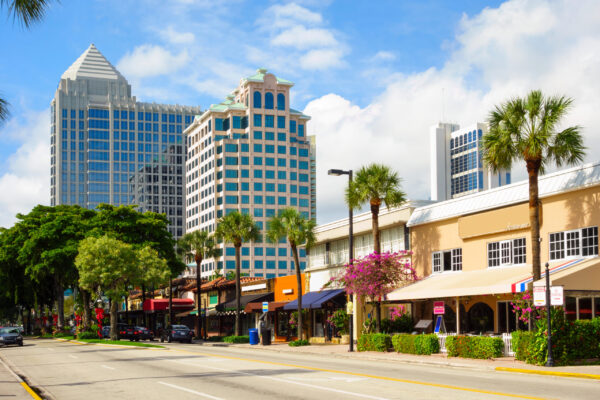 Las Olas Boulevard lined with shops and restaurants in downtown Fort Lauderdale, Florida.