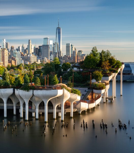 View of downtown Manhattan with the Little Island public elevated park in the foreground. New York City cityscape before the sunset.