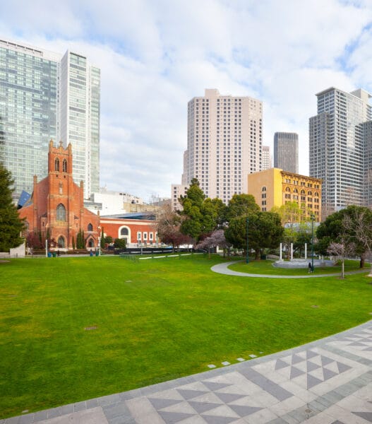 Yerba Buena Gardens and downtown city skyline of San Francisco