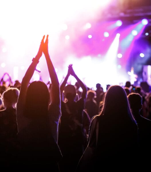 People with raised hands, silhouettes of concert crowd in front of bright stage lights.