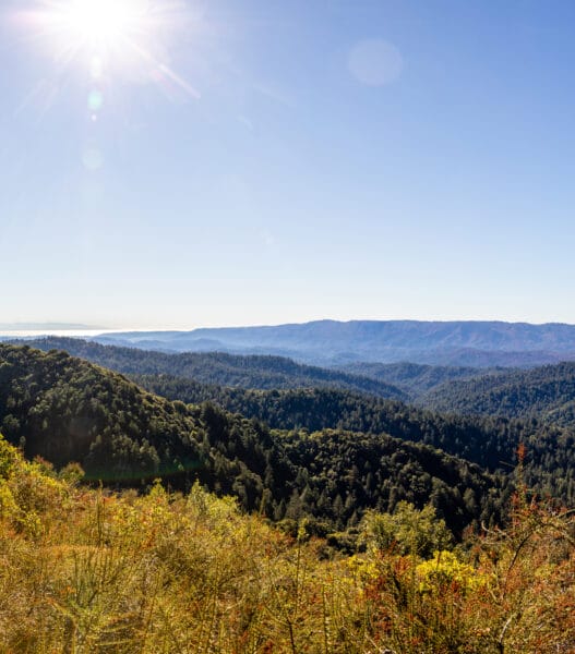 Panorama of Saratoga Gap Trail View Overlooking the Mountains and the Ocean with a Blue Sky Day