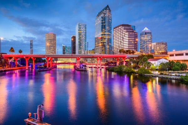 Colorful water reflection of Tampa Skyline in the afternoon