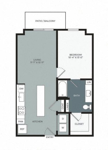 Floor plan of a one-bedroom apartment with a kitchen, living area, bedroom, bathroom, closet, washer/dryer, linen storage, and a patio/balcony. Entry leads into kitchen; living room connects to other spaces.