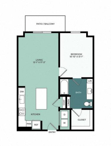 Floor plan showing a kitchen at the bottom left, bathroom to the right, living area in the center, and patio/balcony at the top. Entrances and walls are marked; spaces are labeled and color-coded.