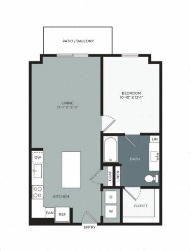 Floor plan of a one-bedroom apartment featuring a kitchen, living area, bathroom, bedroom with closet, and a patio/balcony. Kitchen has appliances labeled; bathroom has a tub, and there is a washer/dryer area.