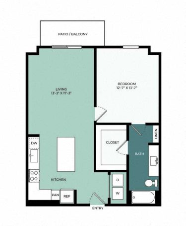 A floor plan showing a kitchen and living area leading to a patio or balcony, with a bathroom and another room to the right. The spaces are labeled, and the entry is at the bottom of the layout.