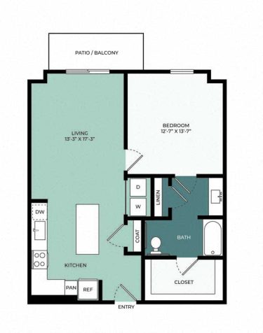 A floor plan showing a main living area, patio/balcony, bathroom, and multiple smaller rooms. Stairs are present, and spaces are labeled. The living area and patio are highlighted in green, and the bathroom is highlighted in blue.
