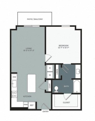 Floor plan of a one-bedroom apartment featuring a kitchen, living area, bathroom, closet, linen and coat closets, and a patio/balcony. The entry opens to the kitchen and living area, with the bedroom and bath adjacent.