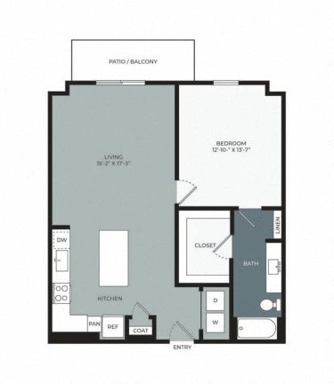 Floor plan of a one-bedroom apartment featuring a patio/balcony, living area, kitchen, bathroom, closet, linen closet, and dedicated spaces for washer and dryer near the entryway.