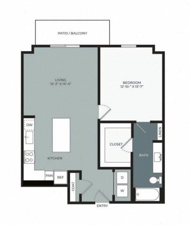 Floor plan of a one-bedroom apartment with a patio/balcony, living room, kitchen, bedroom, bathroom, closet, linen storage, and entryway. The washer and dryer are near the bath; kitchen has stove, sink, and refrigerator.