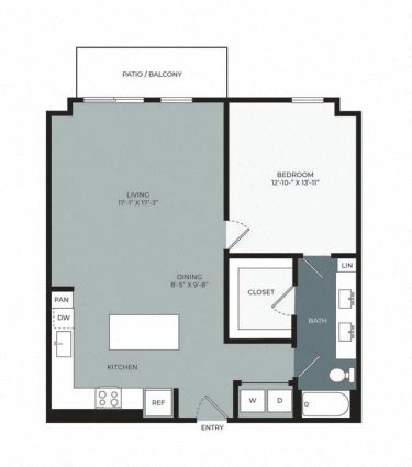 Floor plan of a one-bedroom apartment featuring a kitchen, living and dining area, bathroom, closet, laundry space, patio/balcony, and entryway. Bedroom and bathroom are adjacent.