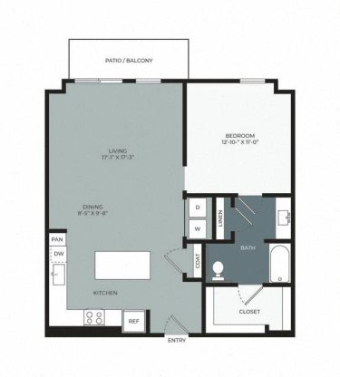 Floor plan of a one-bedroom apartment showing a kitchen, dining, living area, bedroom, bathroom, closet, coat closet, linen storage, washer/dryer space, and a patio/balcony.