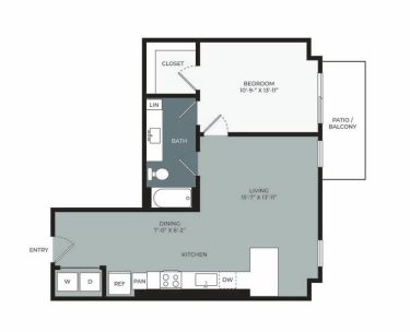 Floor plan of a one-bedroom apartment showing entry, kitchen with appliances, dining and living areas, bedroom with closet, bathroom, linen closet, and a patio/balcony. Layout is open with clear room labels and dimensions.