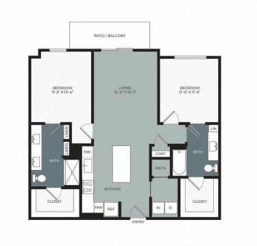 Floor plan of a two-bedroom, two-bath apartment. Includes kitchen, living room, entryway, patio/balcony, closets, laundry area (W/D), coat and linen closets, and mechanical (mech) room.