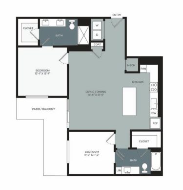 Floor plan of a two-bedroom, two-bath apartment with an open living/dining area, kitchen with island, laundry area by the entry, closets in both bedrooms, and a patio/balcony accessible from one bedroom.