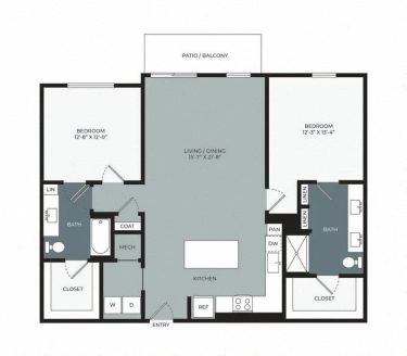 Floor plan of a two-bedroom, two-bath apartment showing a central living/dining area, kitchen, laundry, closets, and access to a patio/balcony. Bedrooms and bathrooms are on opposite sides of the living space.