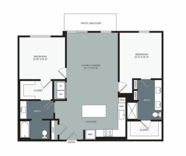 Floor plan of a two-bedroom, two-bath apartment with a central living/dining area, kitchen, closets, washer/dryer, pantry, coat closet, and patio/balcony. Bedrooms and bathrooms are on opposite sides of the layout.