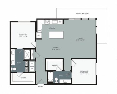Floor plan of a two-bedroom, two-bathroom apartment with kitchen, dining, and living areas, closets, a washer/dryer space, and access to a patio/balcony. Doors and windows are clearly marked.