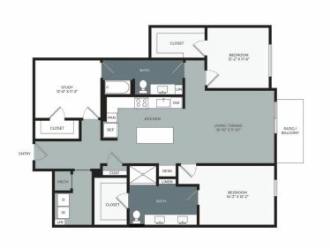 Floor plan of a two-bedroom, two-bath apartment featuring a study, kitchen with island, living/dining area, patio/balcony, closets, laundry, and designated desk space.