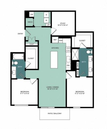 A floor plan of a residential unit showing labeled rooms, two bathrooms, a living/dining area, kitchen, and bedrooms. The central living space and bathrooms are highlighted in light green and blue.