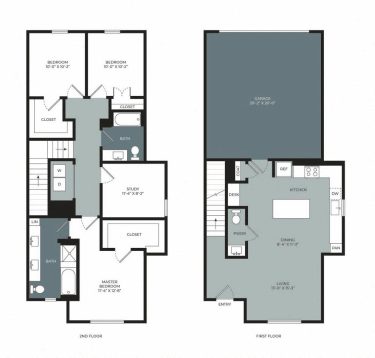 Two-story house floor plan: First floor has a garage, kitchen, dining and living area, pantry, powder room, and desk. Second floor has three bedrooms, two bathrooms, a study room, laundry area, and closets.