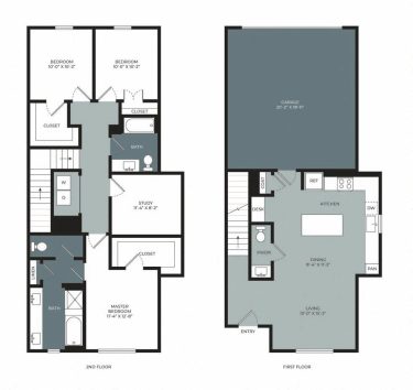 Floor plan of a two-story house. The first floor has a garage, kitchen, living and dining areas, pantry, powder room, and desk. The second floor has three bedrooms, two bathrooms, a study, laundry area, and multiple closets.