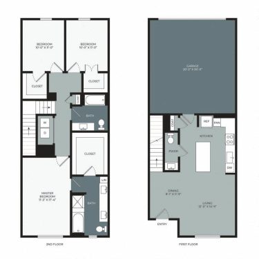 Floor plan shows a two-story home with three bedrooms, two and a half bathrooms, kitchen, dining, living area, laundry, closets, and a two-car garage. Bedrooms are upstairs; main living spaces and garage are on the first floor.