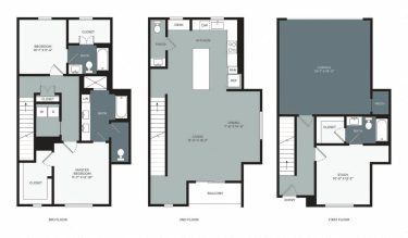 Three-floor house floor plan: first floor has a garage, study, closet, and entry; second floor includes kitchen, dining, living areas, and balcony; third floor has two bedrooms, two baths, closets, and a laundry area.