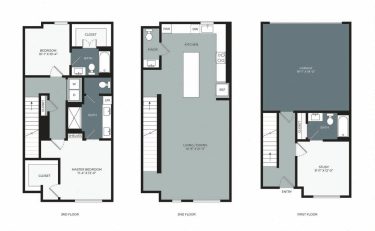 Three-floor house plan: first floor has garage, study, half bath, and entry; second floor has kitchen, pantry, island, living/dining area, and powder room; third floor has two bedrooms, closets, laundry, shelves, and two bathrooms.