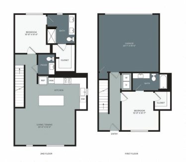 Floor plan with two levels: first floor has a garage, bedroom, closet, bathroom, and entry; second floor has bedroom, bathroom, closet, kitchen, pantry, powder room, and open living/dining area.