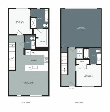 Two-story floor plan: First floor has a garage, entry, laundry, bathroom, closet, and bedroom. Second floor has a kitchen, living/dining area, closet, bedroom, and bath. Stairs connect both levels.