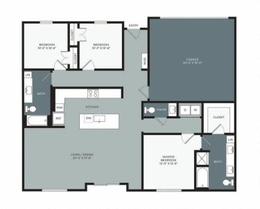 Floor plan of a single-story home showing two bedrooms, a master bedroom with en suite bath, kitchen with island, living/dining area, separate full and half baths, closets, laundry area, and a two-car garage.
