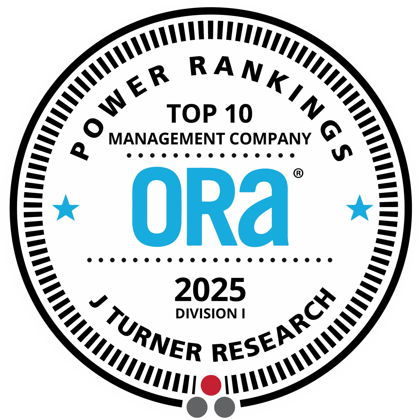 A circular badge with the text 